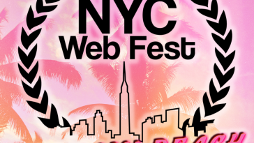 The new logo for the NYC Web Fest which has the New York City skyline in black with the words "2022 NYC Web Fest" above it in black, with the award leaves surrounding it. Below is the words "In Miami Beach" which is in pink and the background is in an ombre colour starting with pink at the top and ending with orange at the bottom.