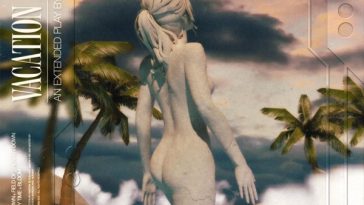 EP artwork of "Vacation Blues" by Denim Blue which sees a statue of a woman facing away from us with her hair in a ponytail, in the ocean surrounded by islands with palm trees.