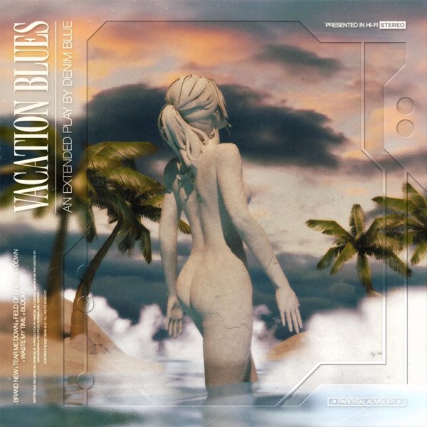 EP artwork of "Vacation Blues" by Denim Blue which sees a statue of a woman facing away from us with her hair in a ponytail, in the ocean surrounded by islands with palm trees.