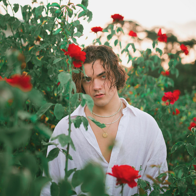 EP artwork for "Aftermath" which sees Alexander Stewart with slightly wet brown hair that is wave and reaches half-way down his face, parted like curtains. He is wearing a white shirt and is photographed in a field of roses.