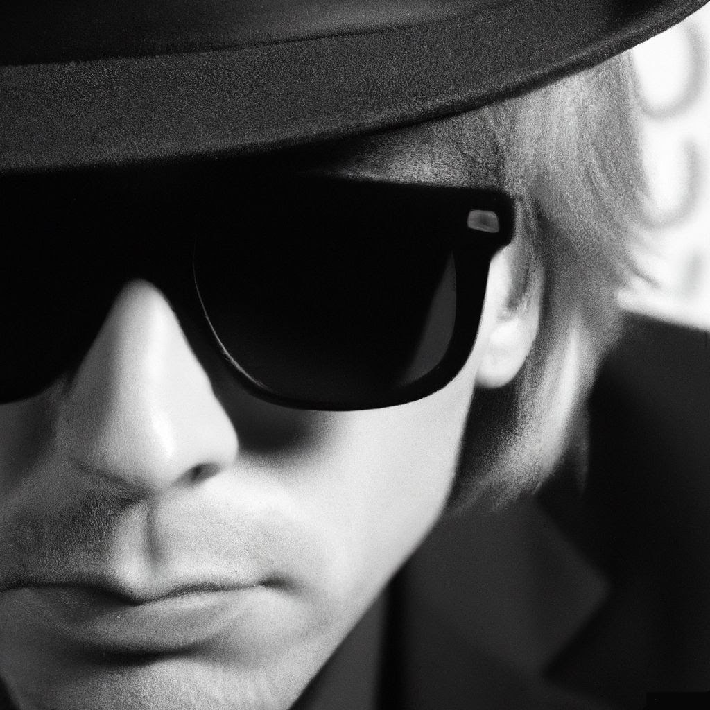 Promotional photo for "DEATH LETTER" which is a black and whited zoomed in headshot of Mortal Prophets frontman John Beckmann, where we see mainly just the left side of his face. He is wearing a hat - the brim of which we can just about see - with some sunglasses and his hair tucked behind his ear. The jacket of his suit can be seen on his shoulder.