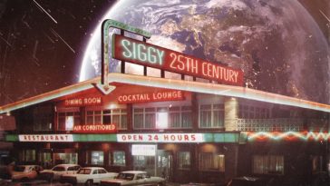 Album artwork for "25th Century" which sees an American restaurant with a neon sign on the roof curving down and pointing, with the words "Siggy 25th Century". The restaurant is on the moon, with the Earth setting or rising in the background - with Europe facing us. Cars are parked in front of the restaurant with craters on the ground.