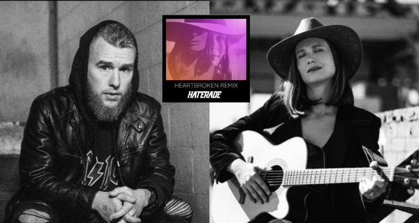 A collage of two black and white photos, on the left is Haterade, wearing a hoodie underneath a leather jacket, with short hair and a beard, he is sitting on some steps and has his hands interlocked in front of him; on the right is Lauren Minear with a big fedora country-style hat and she's wearing a black jacket, she has shoulder-length hair and is playing the guitar. The single artwork is in-between the two photos, and it is a purple-hazy head shot image of Lauren Minear looking at the camera but another head-shot photo is super imposed over the first image, looking like she has two heads. There's a black border around the purple-hazy image, with the words "Heartbroken Remix, Haterade" below the image.