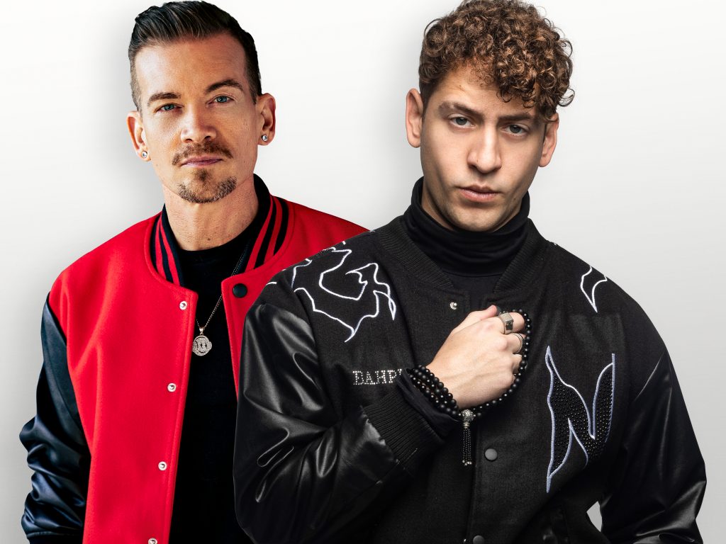 Promotional photo of of Gian Varela and Damon Sharpe for "Faces" which is a photoshopped image, The latter is on the left wearing a red bomber jacket over a black t-shirt and paired with a pendant-like necklace, whilst Gian Varela is on the right with his hair in a flat quiff, wearing a black viscose jacket with white lines over it, on top of a black turtle-neck jumper, paired with a black bead necklace.