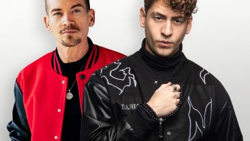 Promotional photo of of Gian Varela and Damon Sharpe for "Faces" which is a photoshopped image, The latter is on the left wearing a red bomber jacket over a black t-shirt and paired with a pendant-like necklace, whilst Gian Varela is on the right with his hair in a flat quiff, wearing a black viscose jacket with white lines over it, on top of a black turtle-neck jumper, paired with a black bead necklace.