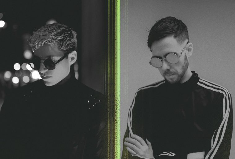 Promotional image for "Midnight" which is a black and white collage of two photos with Nytrix on the left glancing to the bottom-left with shades on and a monotone jumper, and LINK is on the right, also looking to the bottom left, also with shades on, but he's wearing a jacket and has his arms crossed.