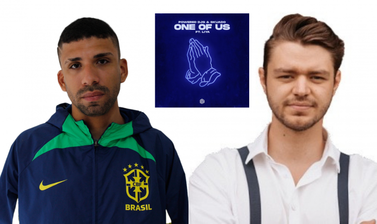 A collage of images with a press photo of Powered Djs on the left with a press photo of Skuado on the right, and an image of the "One Of Us" single cover artwork, floating in the middle between the heads of the two producers. Powered Djs is wearing a blue Nike jacket, whilst Skuado is wearing a white shirt with blue braces. The single cover artwork is a royal blue with a neon-blue cartoon drawing of hands praying, with the title and the artists' names above in the same neon blue.