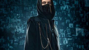 Promotional image for "Dreamer" which sees Alan Walker looking at the camera while wearing a black mask and a black hoodie, which has chains going from his shoulder to half-way up the zip. The background is blue with images of his fans in boxes with a blue colour filter over them, organised in a 3D collage.