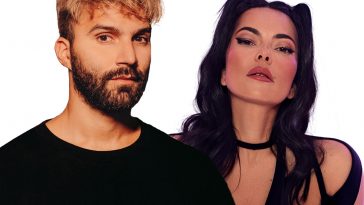 Promotional photo for "Rock My Body" which samples "Ecuador" by SASH! which sees a photoshopped image of R3HAB on the left with blonde hair, a dark beard and wearing a black t-shirt, and INNA to the right with her hair in two bobbles, make-up on-point, and she's wearing a black dress with the straps lining her neck and shoulders.
