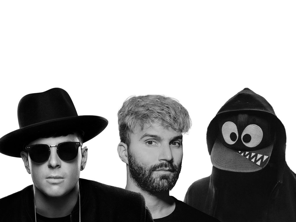 Promotional photo for "Dom Dom Yes Yes" which is a black and white photoshopped image that sees all three artists cropped together in one photo, with Timmy Trumpet on the left with his bowler hat and sunglasses, R3HAB in the middle looking sultry with his blonde hair and black beard growth, and Naeleck is on the right dressed in a hoodie and a snapback cap that is lowered right over his face and two eyes are on the top part of the cap with a side-grin on the flat brim.