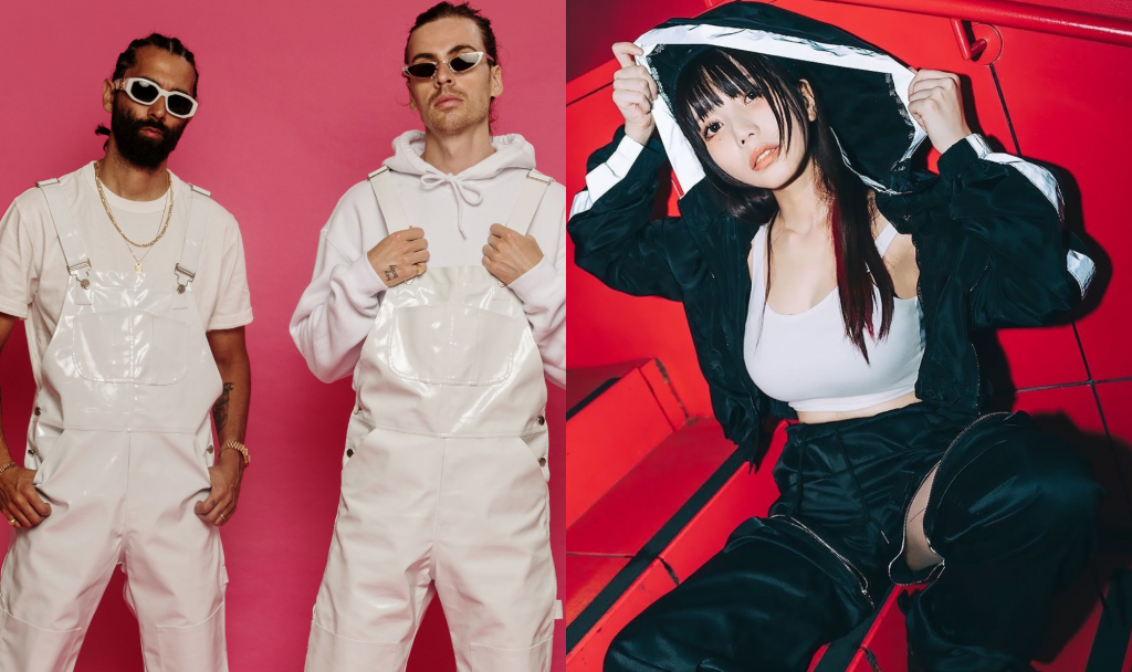 Promotional photo for "Hey Sensei" which sees a collage of two images, side by side, with Yellow Claw on the left with the duo wearing white plastic-like outfits, and SHACHI in the image on the right wearing a black tracksuit with a white hood.