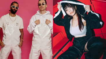 Promotional photo for "Hey Sensei" which sees a collage of two images, side by side, with Yellow Claw on the left with the duo wearing white plastic-like outfits, and SHACHI in the image on the right wearing a black tracksuit with a white hood.