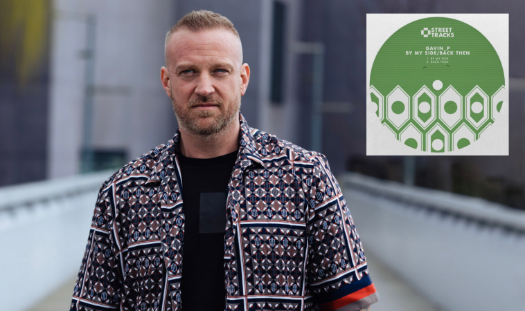 Promotional image for "Back Then" that sees Gavin_P posing on a concrete bridge where he is wearing a black-and-white aztec-print shirt, opened to show his black t-shirt. In the top right corner is an overlay image of the single cover artwork that looks like a vinyl sleeve with the disc being green with white aztec design shapes covering the bottom-half.