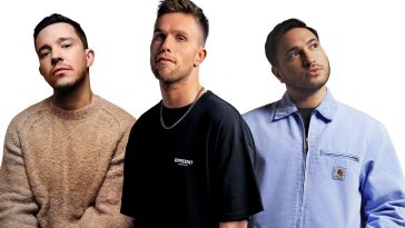 Promotional photo for "All You Need Is Love" which sees a photoshopped image of all three artists together, with Nico Santos on the left wearing a beige sweater; Nicky Romero in the middle at the front, wearing a black t-shirt; and Jonas Blue on the right wearing a light-blue jacket.