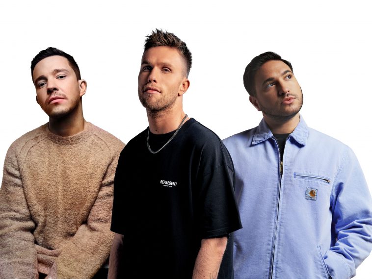 Promotional photo for "All You Need Is Love" which sees a photoshopped image of all three artists together, with Nico Santos on the left wearing a beige sweater; Nicky Romero in the middle at the front, wearing a black t-shirt; and Jonas Blue on the right wearing a light-blue jacket.