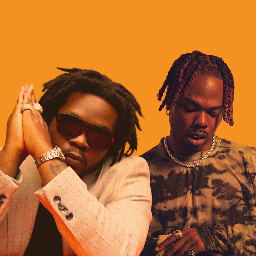 Promotional photo for "Trumpet" which sees Olamide and CKay together, posing in front of a bright orange background, with Olamide to the left, with his hands up in a praying motion, wearing a cream jacket and jewellery on his hands and sunglasses; while CKay is to the right wearing a tie-dye camo-coloured sweater, with a silver necklace.