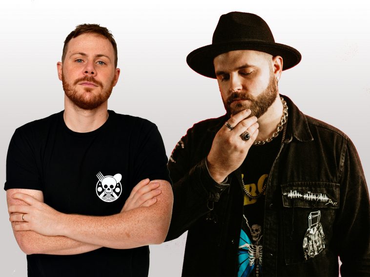 Promotional photo for "Never Thought" which is a photoshopped image of two profile photos with Spag Heddy on the left with his arms crossed and Micah Martin on the right wearing a black jacket and a brimmed-hat, and he has his right hand up touching his beard.