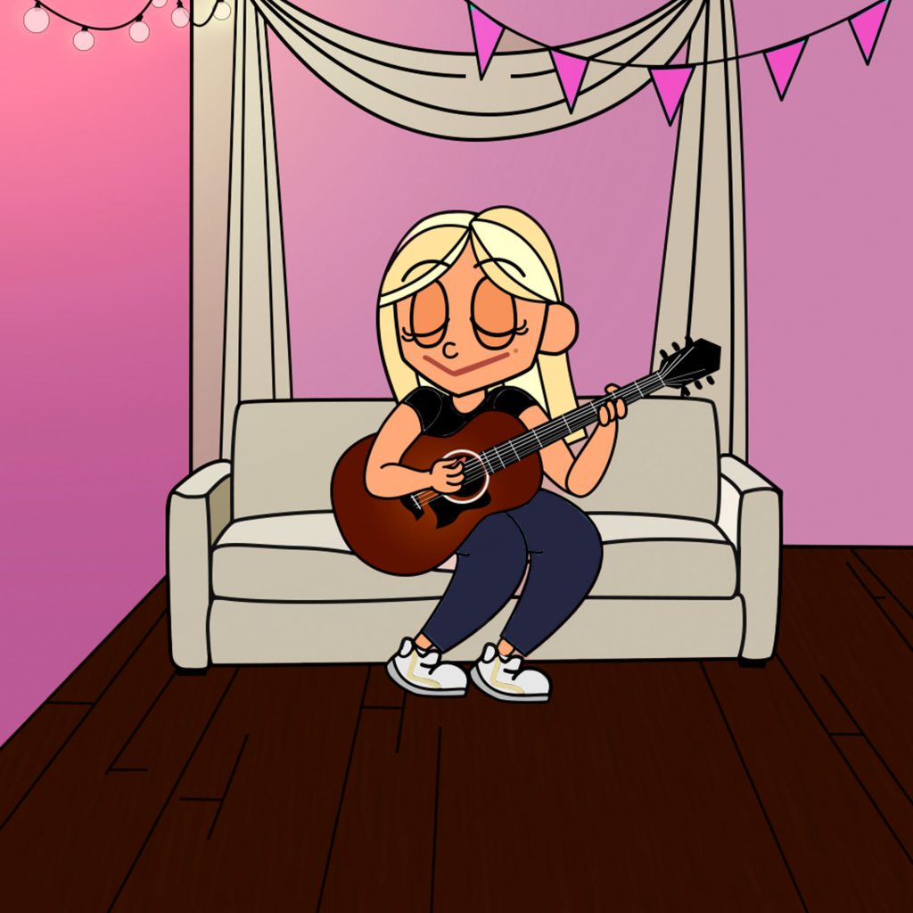 Promotional photo for "Sleepyhead" which sees a cartoon drawing of Adosa Gray sitting on a couch with white drapes behind her, with a guitar in her lap. She has blonde hair and is wearing blue jeans with white sneakers.