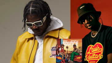 Two-photo collage for "Bounce" which sees Boy Boy on the left looking to the bottom-left, wearing a bright yellow jacket over a white hoodie with white rimmed shades and his braided hair parted down the middle, whilst an image of BackRoad Gee is on the right, he is wearing a black t-shirt that has a Louis Vuitton brand across the front in a heart shape. He is also wearing a black bucket hat and a silver chain necklace. In-between the two photos is the single cover artwork for "Bounce" which is a cartoon drawing of the two artists sitting on the bonnets of cars.