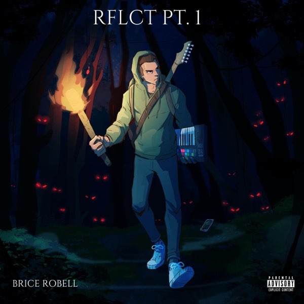 Album cover artwork of "RFLCT PT.1" which "City Lights" is a part of, where the cover has a cartoon drawing of Brice Robell, holding a flaming torch in one hand and a keyboard under his other arm. He also has a guitar strapped to his back and he's walking in a forest wearing a green hoodie, jeans and white trainers. There are red eyes throughout the bushes behind him.