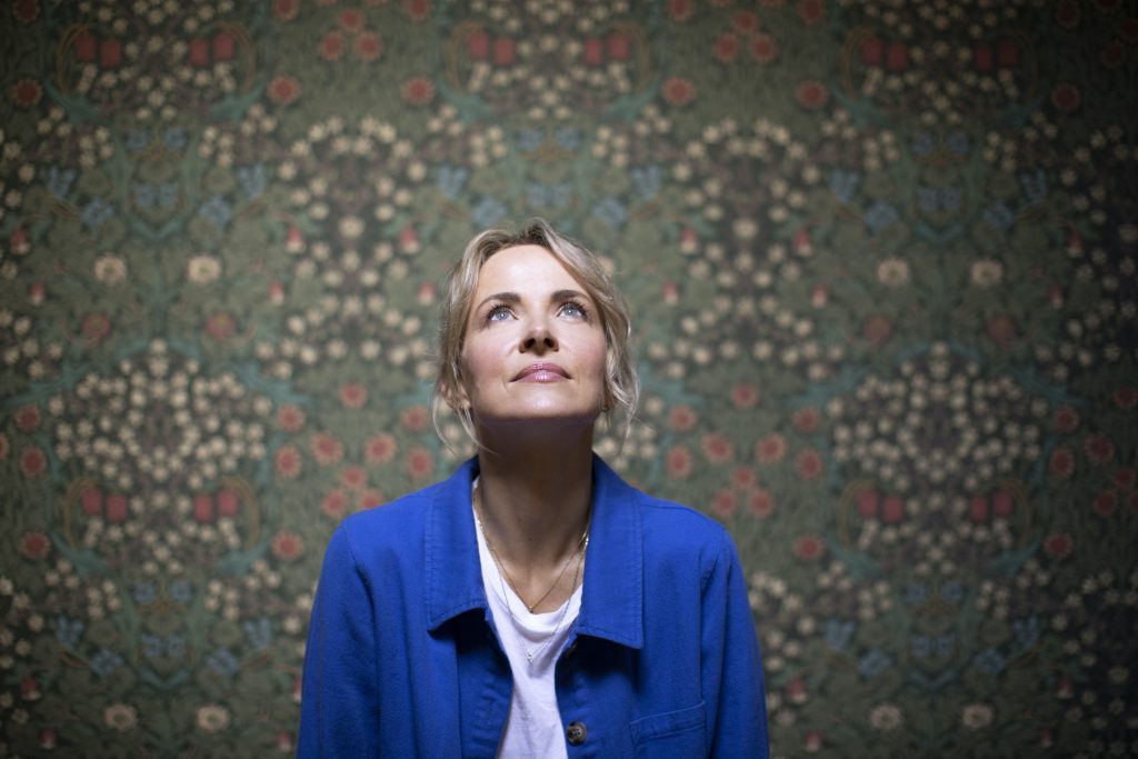 Promotional photo for "High & Low" which sees Gemma Hayes looking up above the camera, wearing a blue jacket over a white t-shirt, with a green ornate wallpaper behind her.