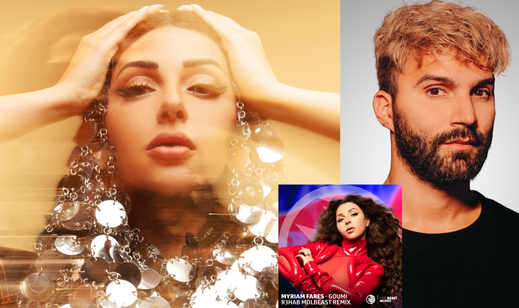 A two image collage for "Goumi (R3HAB MDLBEAST Remix)" which sees Myriam Fares on the left with her hands on her head wearing a silver disc garment, and R3HAB on the right in a black tee with his blonde hair and dark beard. In the middle of the collage is the single cover art work which sees Myriam Fares wearing a red jacket over a light red bodysuit with her brown curly hair flowing behind her.