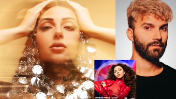 A two image collage for "Goumi (R3HAB MDLBEAST Remix)" which sees Myriam Fares on the left with her hands on her head wearing a silver disc garment, and R3HAB on the right in a black tee with his blonde hair and dark beard. In the middle of the collage is the single cover art work which sees Myriam Fares wearing a red jacket over a light red bodysuit with her brown curly hair flowing behind her.