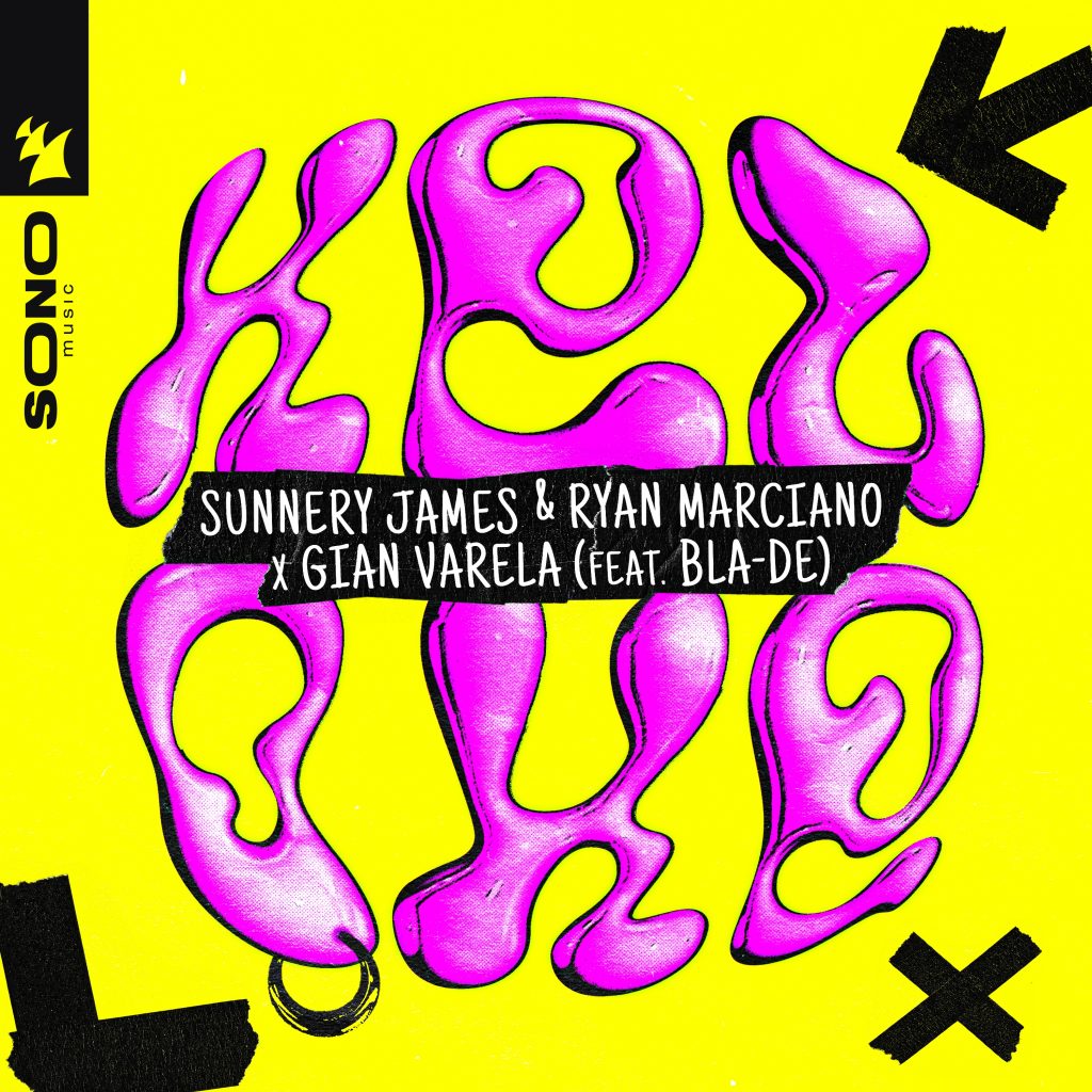 Single cover artwork for "Keloke" by Sunnery James & Ryan Marciano and Gian Varela featuring Bla-De which is mostly yellow, with wavy contrasting pink font which is the six letters of the title, with the artists names overlaying in the middle in white text on a black background.