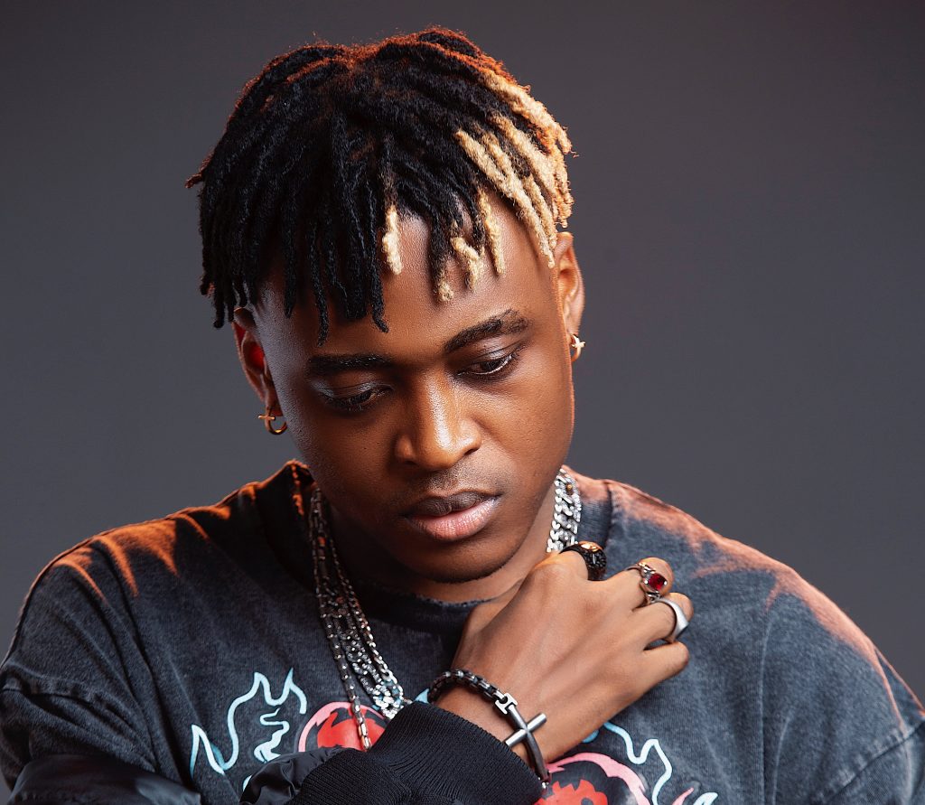 Promotional photo for "Chequemate" which sees Cheque with black dreads but some on his left side are blonde, looking down with his right hand on his chest. He is wearing a grey sweater which is slightly lighter than the grey background.