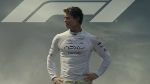 Brad Pitt as a race car driver in the movie ‘F1’ during a dramatic scene