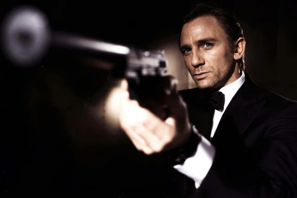 James Bond in an action sequence, still image from official Bond film